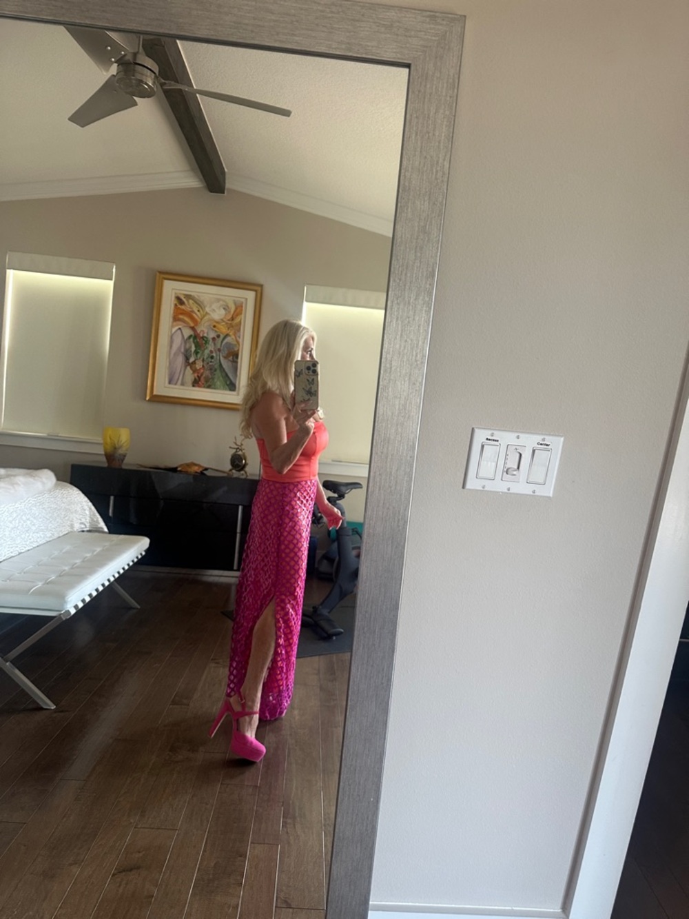 Ramy Brook Coral Cowl-Neck with Fuchsia Lattice Overlay Midi Dress - Picture 2 of 2